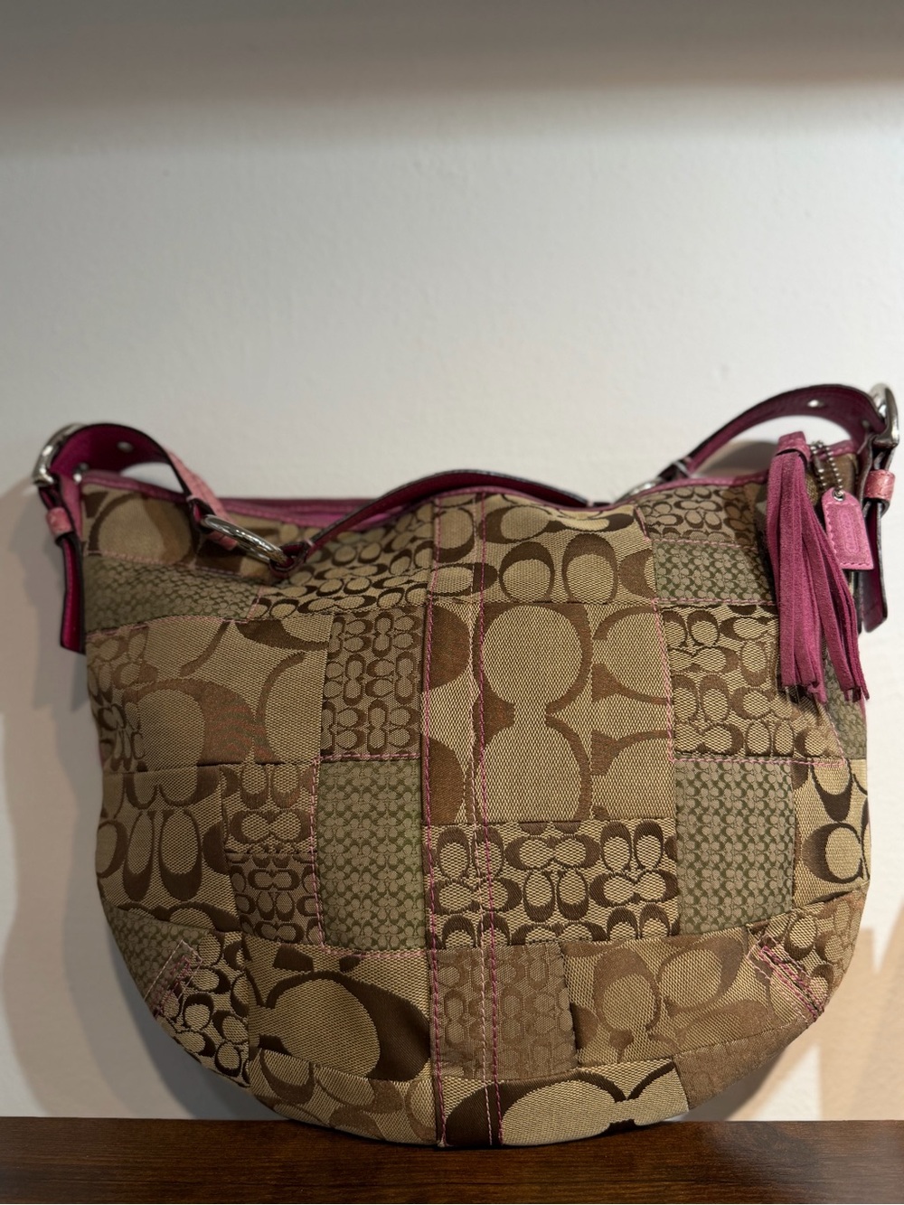 Coach Patchwork Signature Hobo in Khaki with Pink Trim